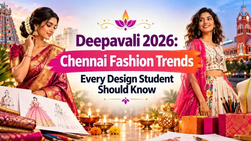 Deepavali 2026 Chennai fashion trends with traditional sarees, modern festive outfits, and fashion design sketches.
