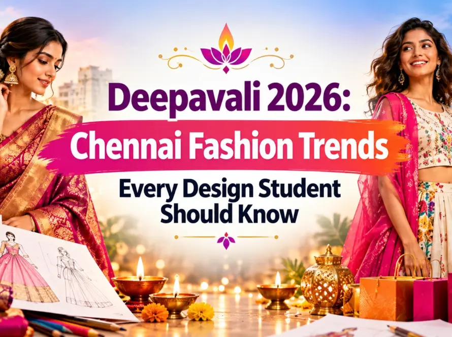 Deepavali 2026 Chennai fashion trends with traditional sarees, modern festive outfits, and fashion design sketches.