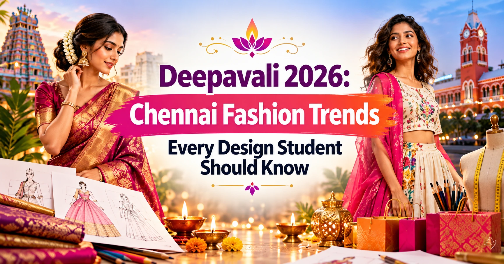 Deepavali 2026 Chennai fashion trends with traditional sarees, modern festive outfits, and fashion design sketches.