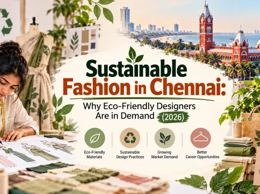Sustainable fashion in Chennai, featuring eco-friendly clothing, organic fabrics, and a designer creating sustainable garments.