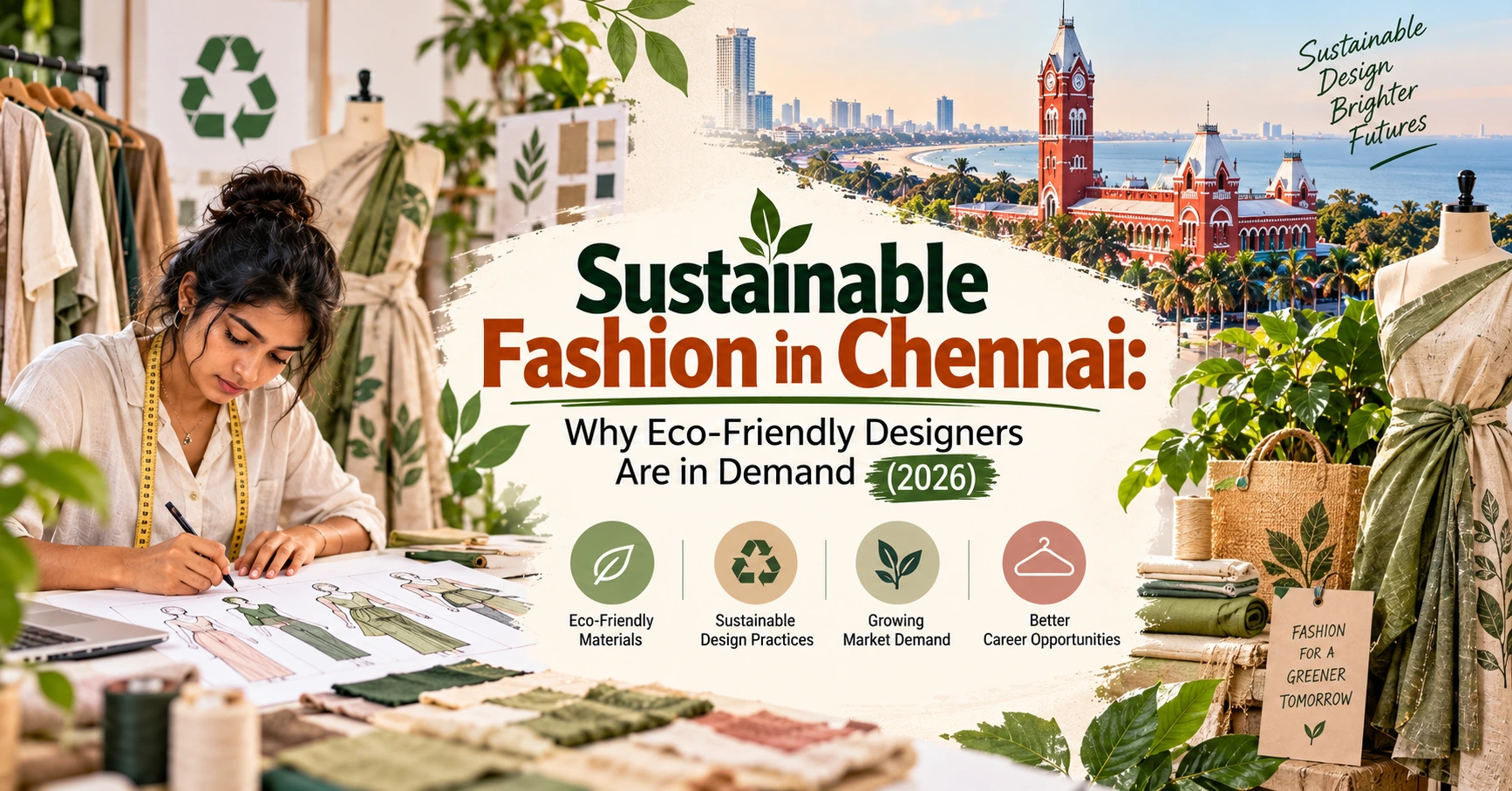 Sustainable fashion in Chennai, featuring eco-friendly clothing, organic fabrics, and a designer creating sustainable garments.