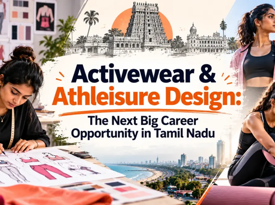 Activewear and athleisure design career opportunities in Tamil Nadu, featuring sportswear sketches, fitness apparel, and fashion designers