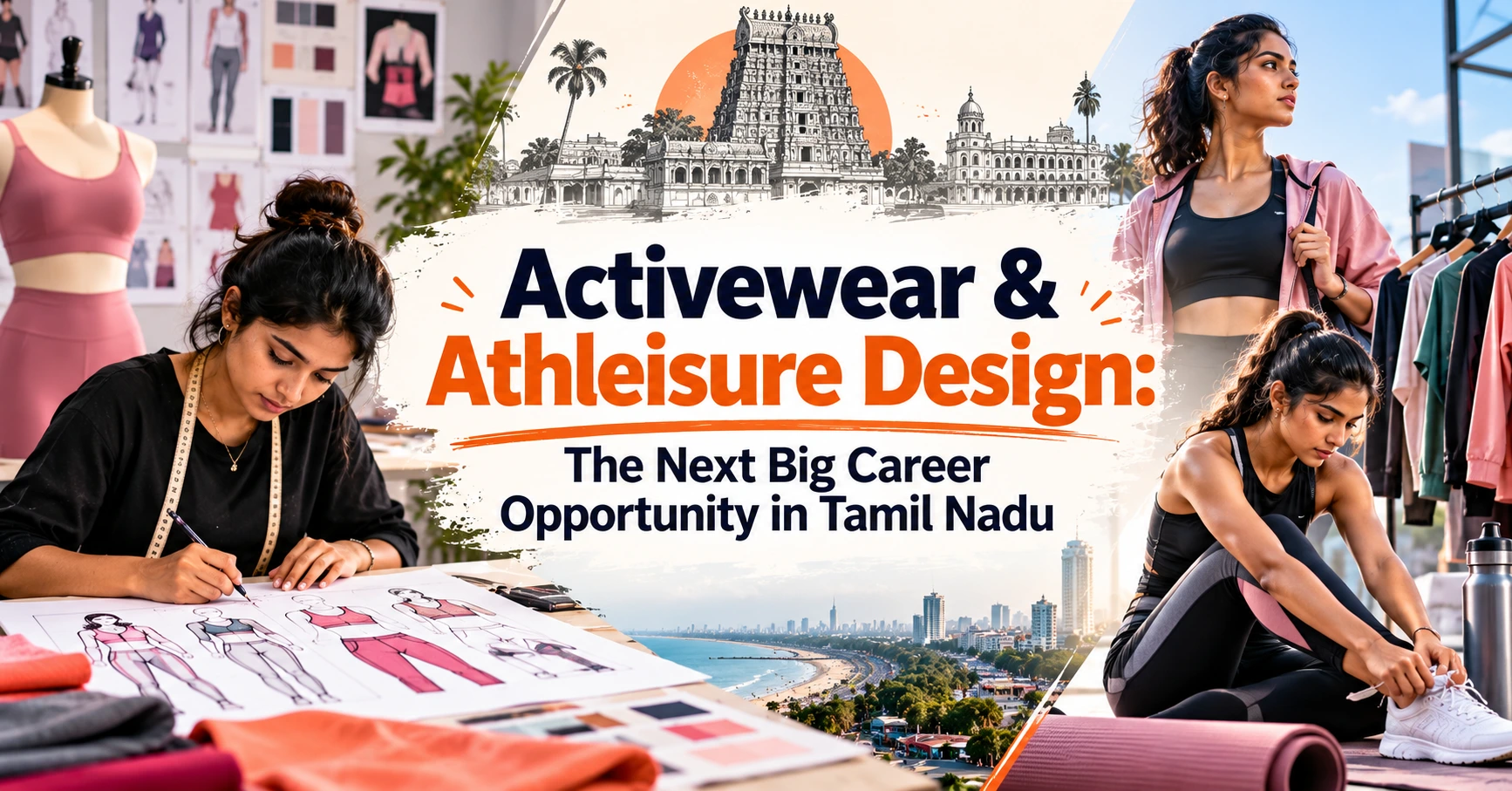 Activewear and athleisure design career opportunities in Tamil Nadu, featuring sportswear sketches, fitness apparel, and fashion designers