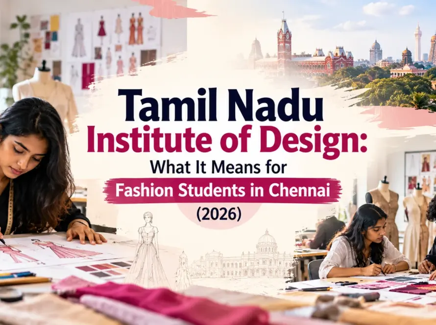 Tamil Nadu Institute of Design 2026 and its impact on fashion students in Chennai, featuring fashion design students, sketches, mannequins, and Tamil Nadu landmarks.