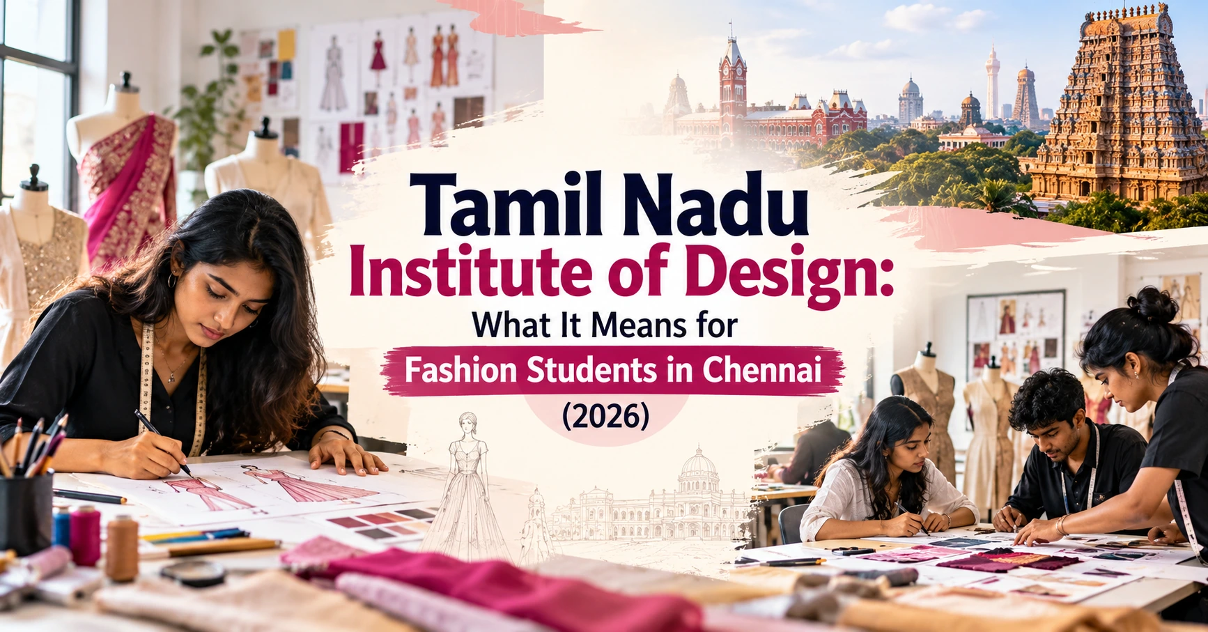Tamil Nadu Institute of Design 2026 and its impact on fashion students in Chennai, featuring fashion design students, sketches, mannequins, and Tamil Nadu landmarks.