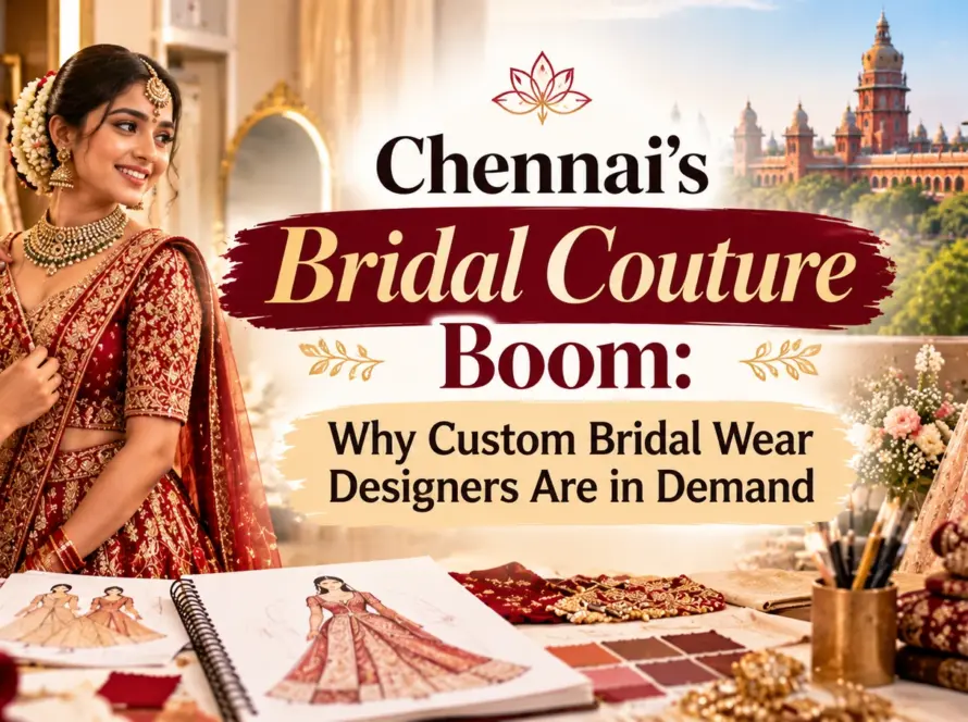 Chennai bridal couture trend featuring a bride in a red-and-gold lehenga, custom bridal wear design, embroidery, and fashion sketches.