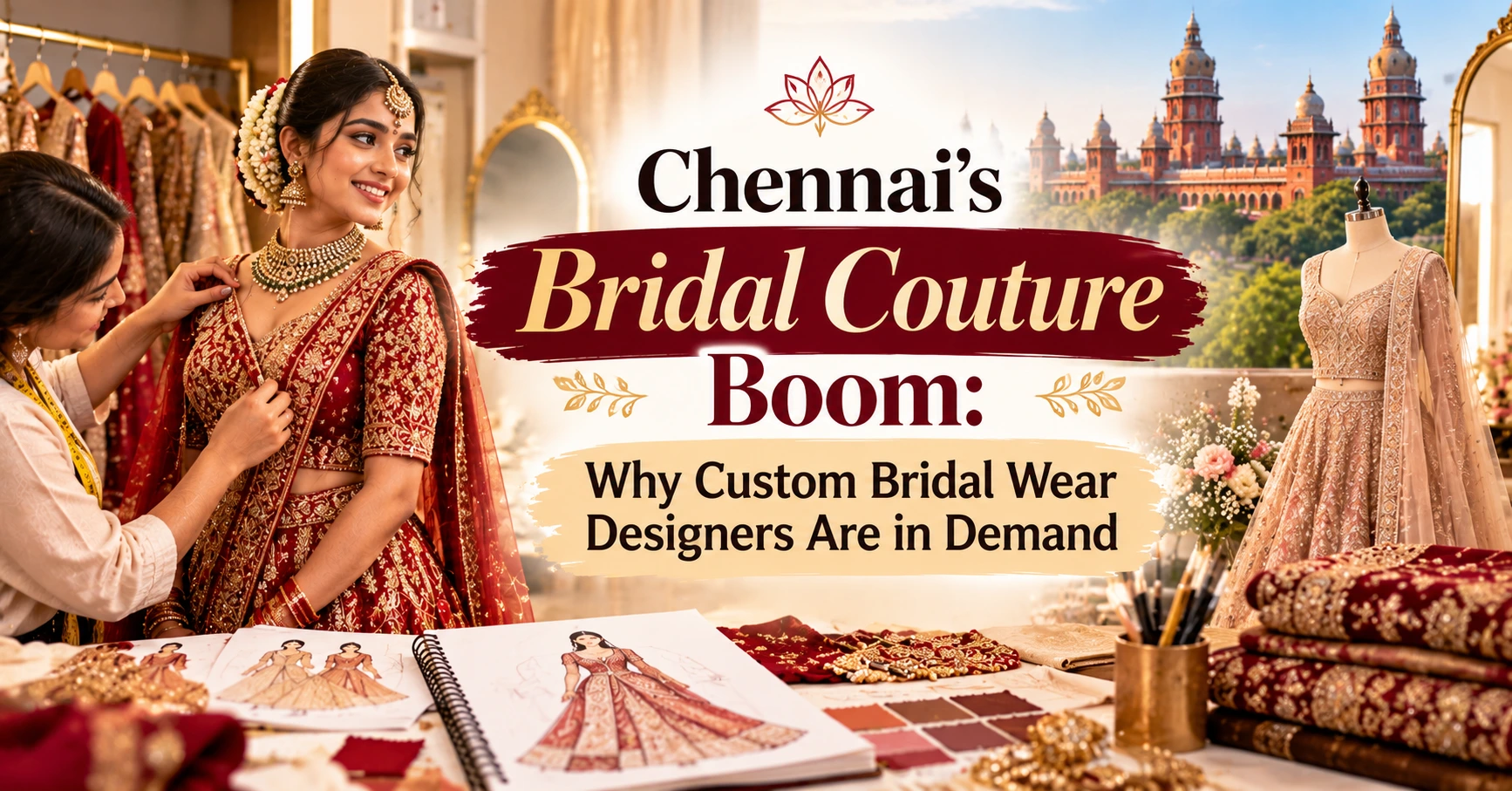 Chennai bridal couture trend featuring a bride in a red-and-gold lehenga, custom bridal wear design, embroidery, and fashion sketches.