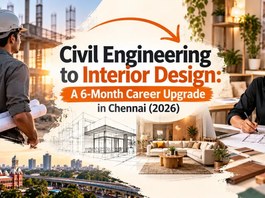 Civil engineering to interior design career upgrade in Chennai (2026), featuring a civil engineer, an interior designer, architectural blueprints, and a modern living room.