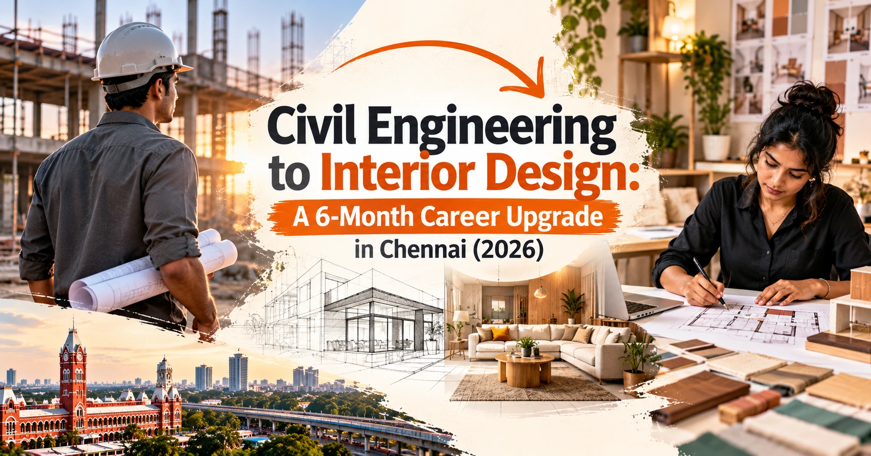 Civil engineering to interior design career upgrade in Chennai (2026), featuring a civil engineer, an interior designer, architectural blueprints, and a modern living room.